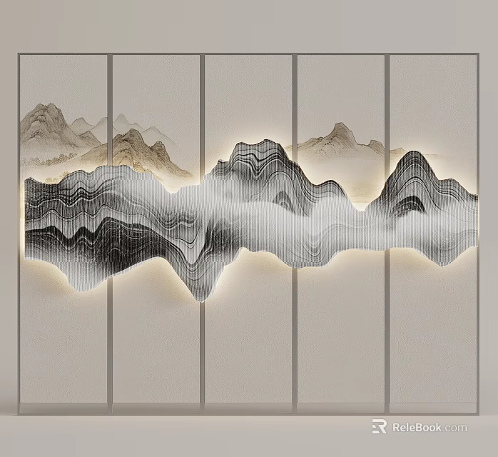 Chinese Style Paneled Background Wall With Wavy Mountain Pattern And Soft Lighting 3d model 