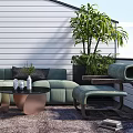 Modern Villa Balcony With Green Sofa Coffee Table And Potted Plants