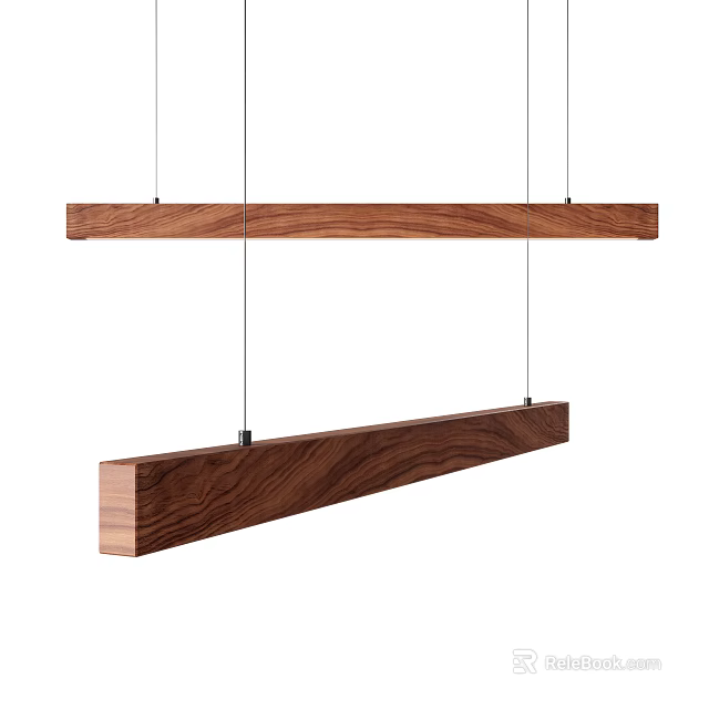 Two Long Rectangular Natural Wood Grain Pendant Lights Hanging with Thin Strings 3d model