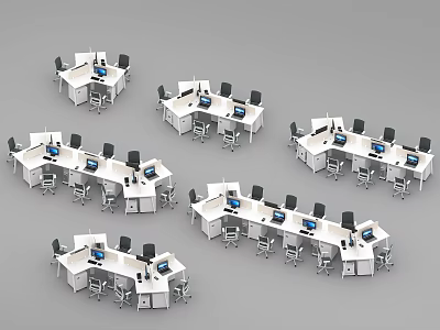 Multiple Office Desks Arranged in Various Shapes With Computers And Chairs 3d model