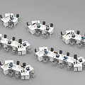 Multiple Office Desks Arranged in Various Shapes With Computers And Chairs 3d model