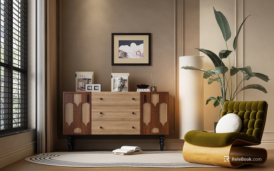 Wooden Entryway Console Cabinet With Drawers Doors Decor Items Floor Lamp Green Chair Wall Art 3d model 