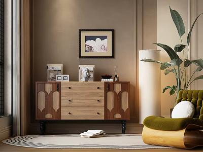 Wooden Entryway Console Cabinet With Drawers Doors Decor Items Floor Lamp Green Chair Wall Art 3d model