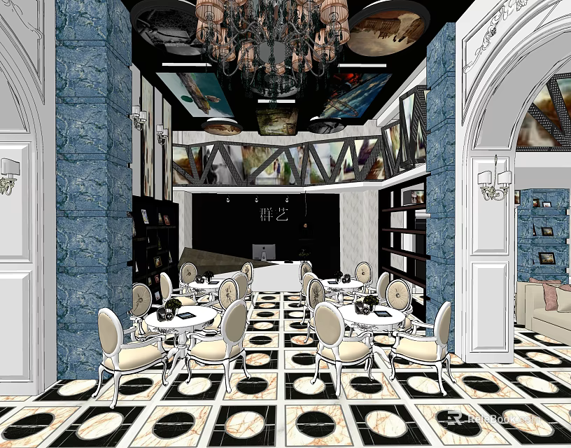 Elegant Bridal Shop Interior With Blue White Marble Walls Chandelier And Checkered Floor 3d model 