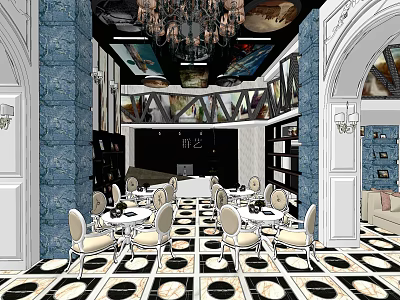 Elegant Bridal Shop Interior With Blue White Marble Walls Chandelier And Checkered Floor 3d model