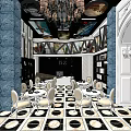 Elegant Bridal Shop Interior With Blue White Marble Walls Chandelier And Checkered Floor