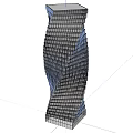 Modern Tall Office Building With Glass Curtain Walls And Unique Curved Structure Against Blue Sky