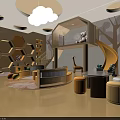 Children's Playroom Interior With Cloud Shaped Chandelier Tree Themed Walls Slide Staircase And Bookshelves