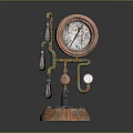 Steampunk Mechanical Device With Vintage Gauge Copper Pipes And Glass Bulbs On Rusted Metal Base