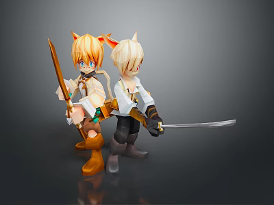 Anime Style Cat Ear Character Figurines With Weapons And Adventurer Outfits 3d model
