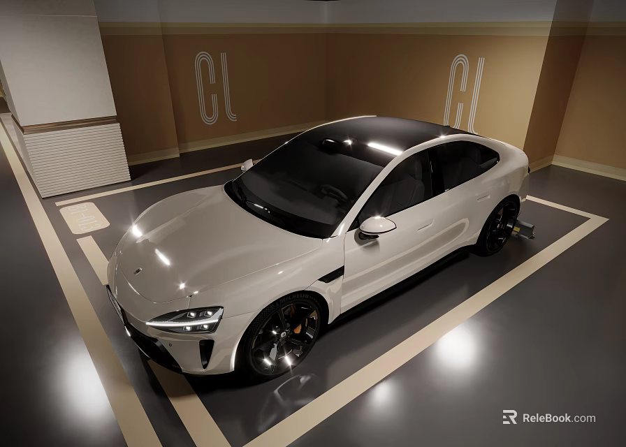 White Modern Car Parked In Garage With Lines Black Roof And Alloy Wheels 3d model 