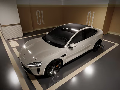 White Modern Car Parked In Garage With Lines Black Roof And Alloy Wheels 3d model