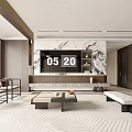 Modern Dining and Living Room Interior With Marble Wall Wooden Accents And Potted Plant