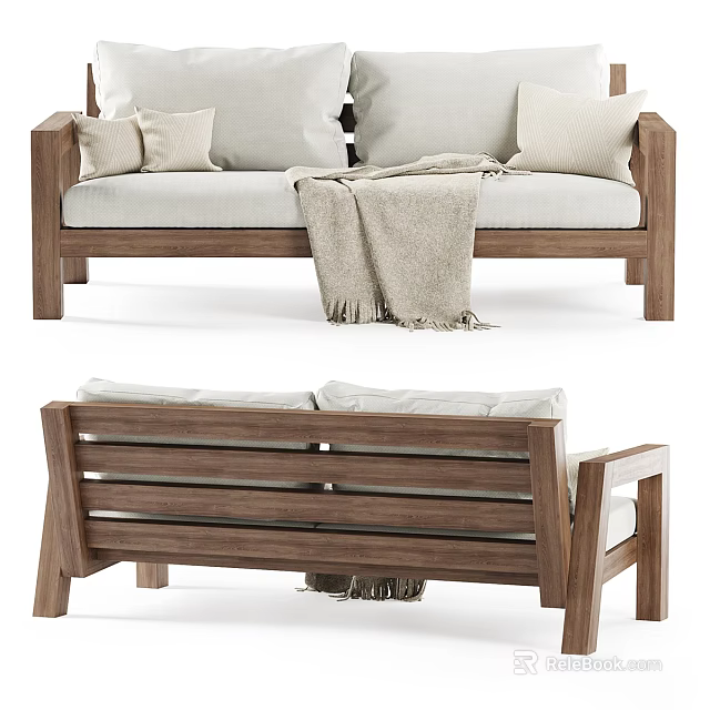 Two Seater Sofa with Wooden Frame Light Colored Cushions and Cozy Throw Blanket 3d model 