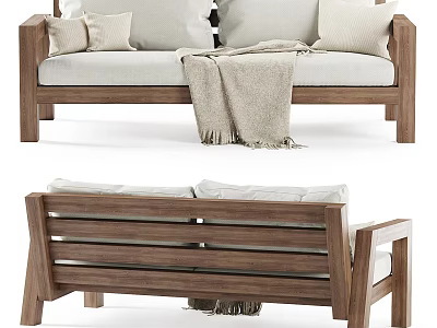 Two Seater Sofa with Wooden Frame Light Colored Cushions and Cozy Throw Blanket 3d model
