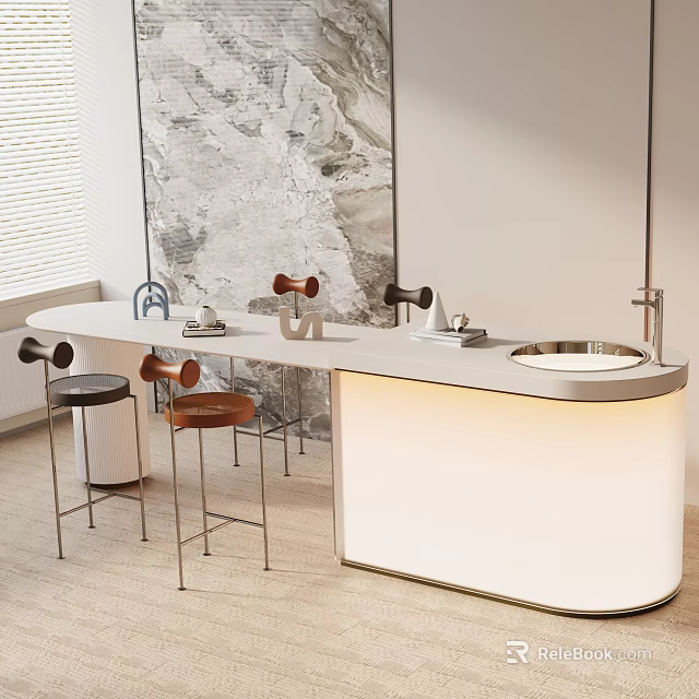 Modern Dining Table Set With White Counter Black Brown Bar Stools Textured Wall And Lighting 3d model 