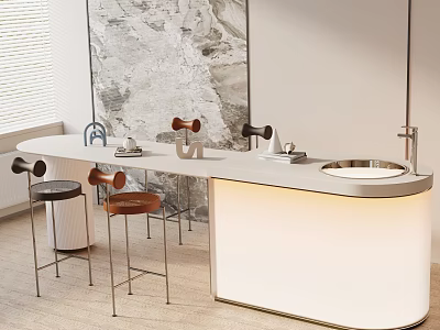 Modern Dining Table Set With White Counter Black Brown Bar Stools Textured Wall And Lighting 3d model