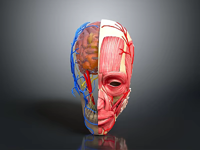 3D Rendering of Human Head Anatomy Showing Brain Muscles and Blood Vessels 3d model