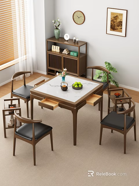 Modern Tea Table and Chairs with White Marble Top Drawers Wooden Frame and Black Cushions 3d model 