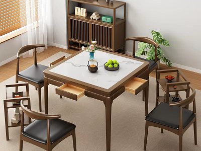 Modern Tea Table and Chairs with White Marble Top Drawers Wooden Frame and Black Cushions 3d model