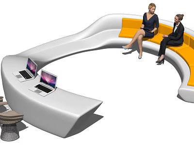 Abstract Shaped Sofa Curved Design White And Orange People Seated With Laptops On Side Tables 3d model