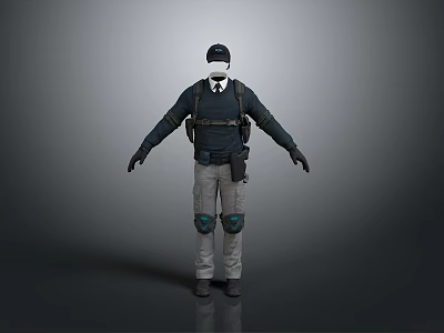 Tactical Character 3D Model With Dark Top Gray Pants Knee Pads And Backpack Standing Pose 3d model