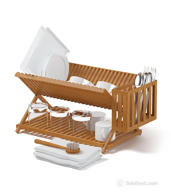 Kitchen Cabinets With Wooden Dish Rack Plates Cups And Utensils Storage 3d model 