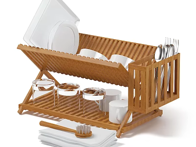 Kitchen Cabinets With Wooden Dish Rack Plates Cups And Utensils Storage 3d model