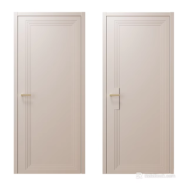 Modern Interior Beige Swing Doors With Vertical Panels And Golden Handles 3d model 
