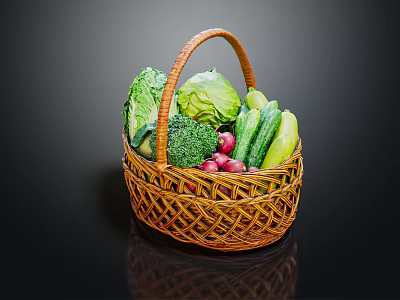 Fresh Assorted Vegetables in Wicker Basket Including Cabbage Broccoli Radishes and Cucumbers 3d model