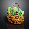 Fresh Assorted Vegetables in Wicker Basket Including Cabbage Broccoli Radishes and Cucumbers