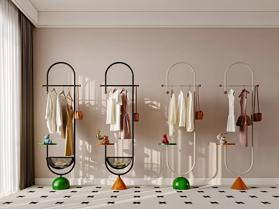 Modern Clothing Racks with Green and Orange Bases and Small Shelves for Hanging Clothes and Bags 3d model