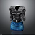Black and White Striped V Neck Long Sleeve Top with Blue Denim Jeans and Belt