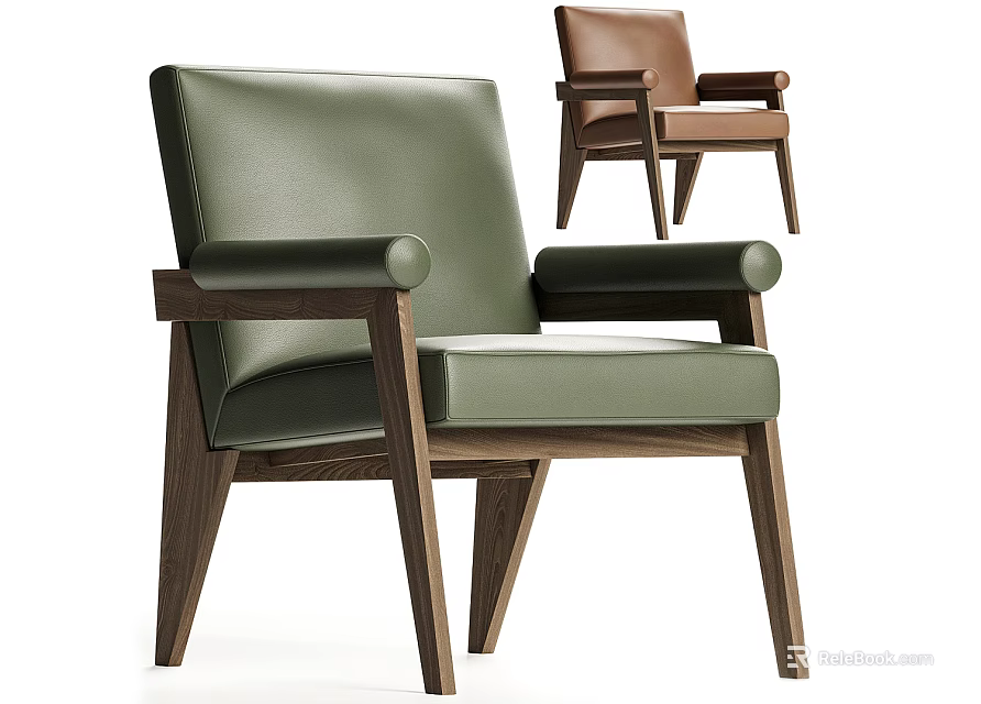 Modern Green And Brown Leather Dining Chairs With Wooden Armrests And Legs 3d model 