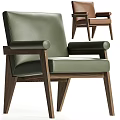 Modern Green And Brown Leather Dining Chairs With Wooden Armrests And Legs