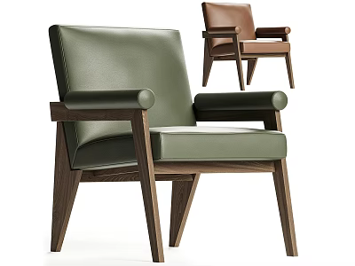 Modern Green And Brown Leather Dining Chairs With Wooden Armrests And Legs 3d model