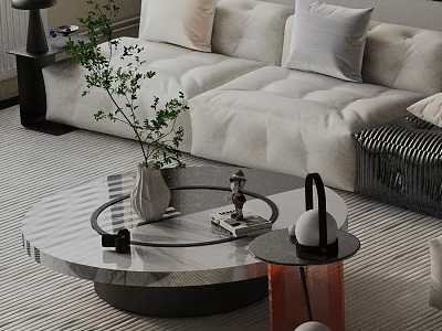 Modern Sofa and Coffee Table Set With Round Glass Top Soft Pillows and Decorative Ornaments 3d model