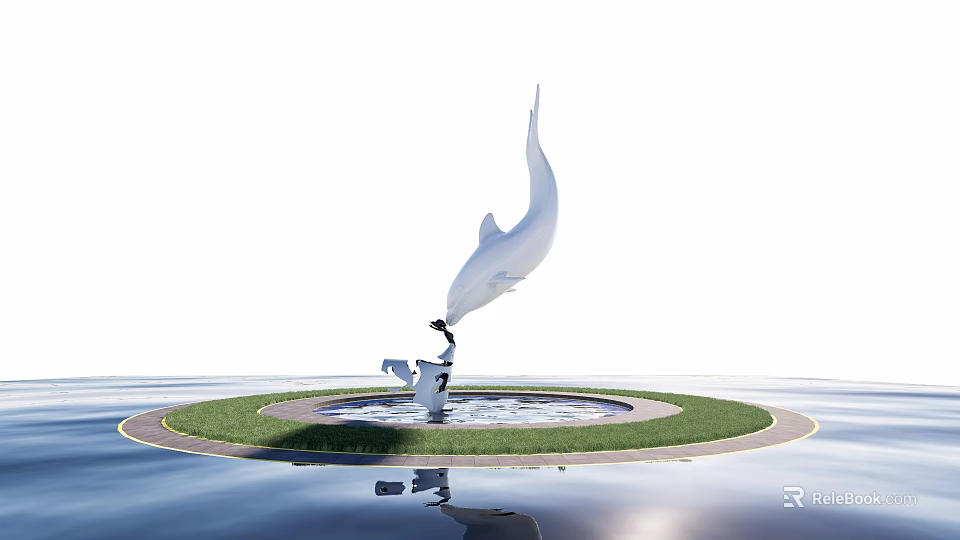 White Dolphin Shaped Sculpture On Circular Grassy Area With Fountain And Water Reflection 3d model 