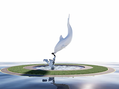White Dolphin Shaped Sculpture On Circular Grassy Area With Fountain And Water Reflection 3d model