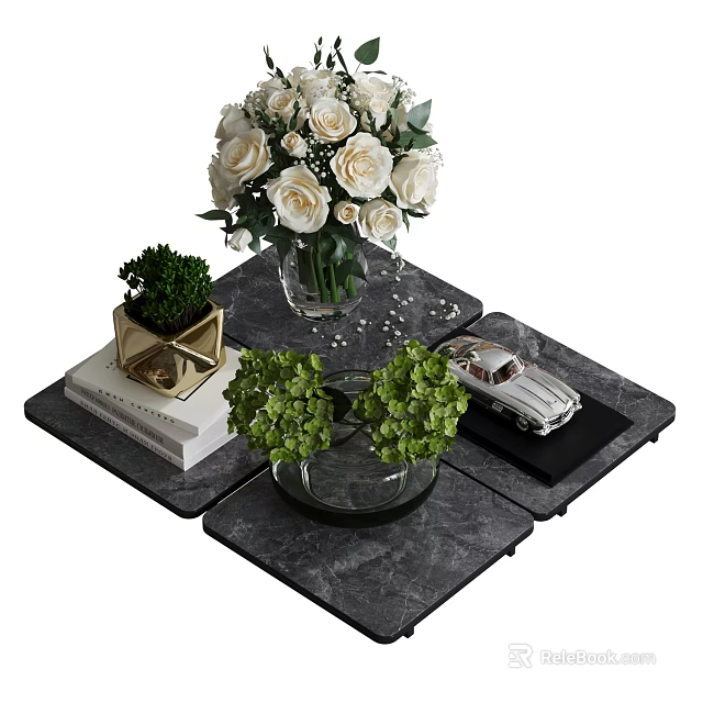 Decorative Ornament Set with White Roses Green Plants Book Silver Car on Black Marble Trays 3d model 