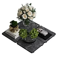 Decorative Ornament Set with White Roses Green Plants Book Silver Car on Black Marble Trays