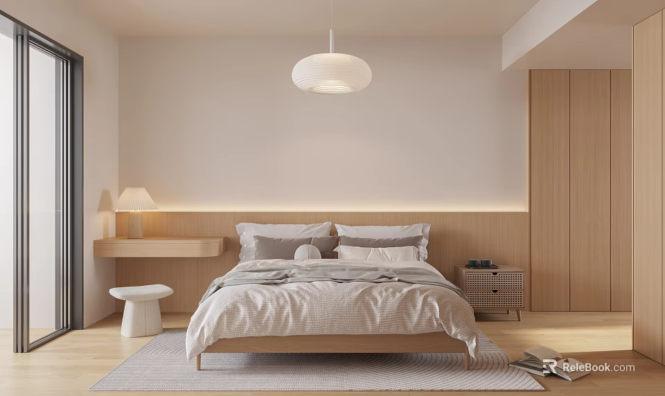 Modern Minimalist Bedroom Interior Design With Wooden Accents White Pendant Light And Beige Bedding 3d model 