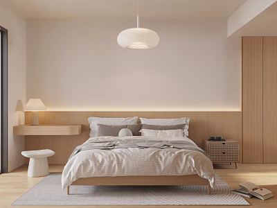 Modern Minimalist Bedroom Interior Design With Wooden Accents White Pendant Light And Beige Bedding 3d model