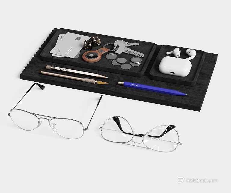 Decorative Ornament Set Including Keys Coins Wireless Earbuds Cards Pen on Black Tray with Glasses 3d model 