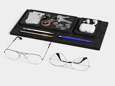 Decorative Ornament Set Including Keys Coins Wireless Earbuds Cards Pen on Black Tray with Glasses 3d model