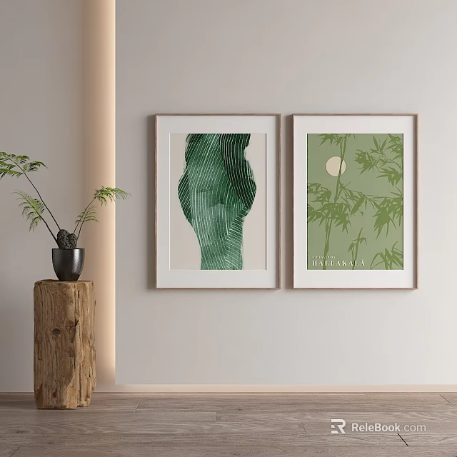 Two Green Botanical Wall Art Prints With Bamboo Moon And Potted Plant On Wooden Stump 3d model