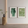 Two Green Botanical Wall Art Prints With Bamboo Moon And Potted Plant On Wooden Stump 3d model