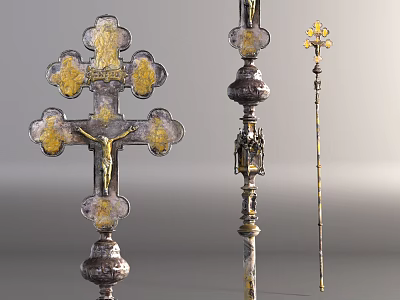 Religious Metal Sculptures Including Cross And Scepter With Gold Silver Details 3d model