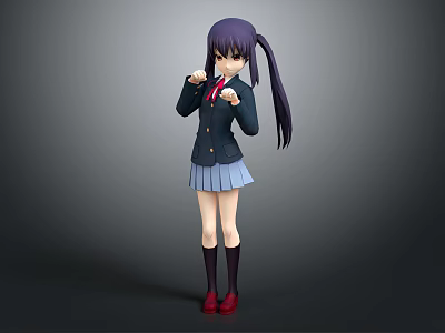Anime Style Female Character 3D Model With Purple Twin Tails Blue Skirt And Red Shoes 3d model