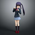 Anime Style Female Character 3D Model With Purple Twin Tails Blue Skirt And Red Shoes